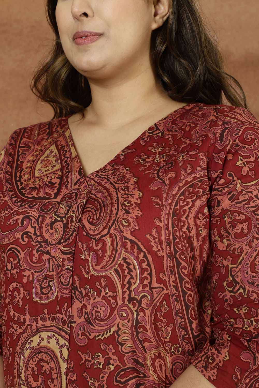 Comfortable Maroon Paisley Print Cotton Plus Size Top