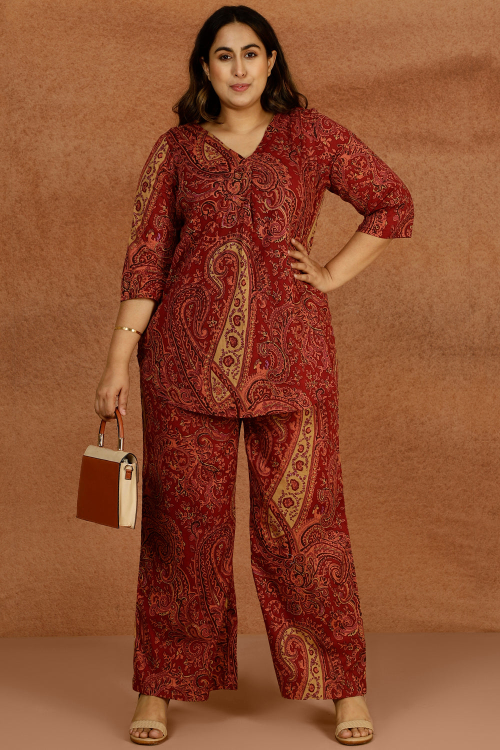 Maroon Paisley Print Cotton Plus Size Top for Women