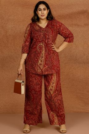 Maroon Paisley Print Cotton Plus Size Top