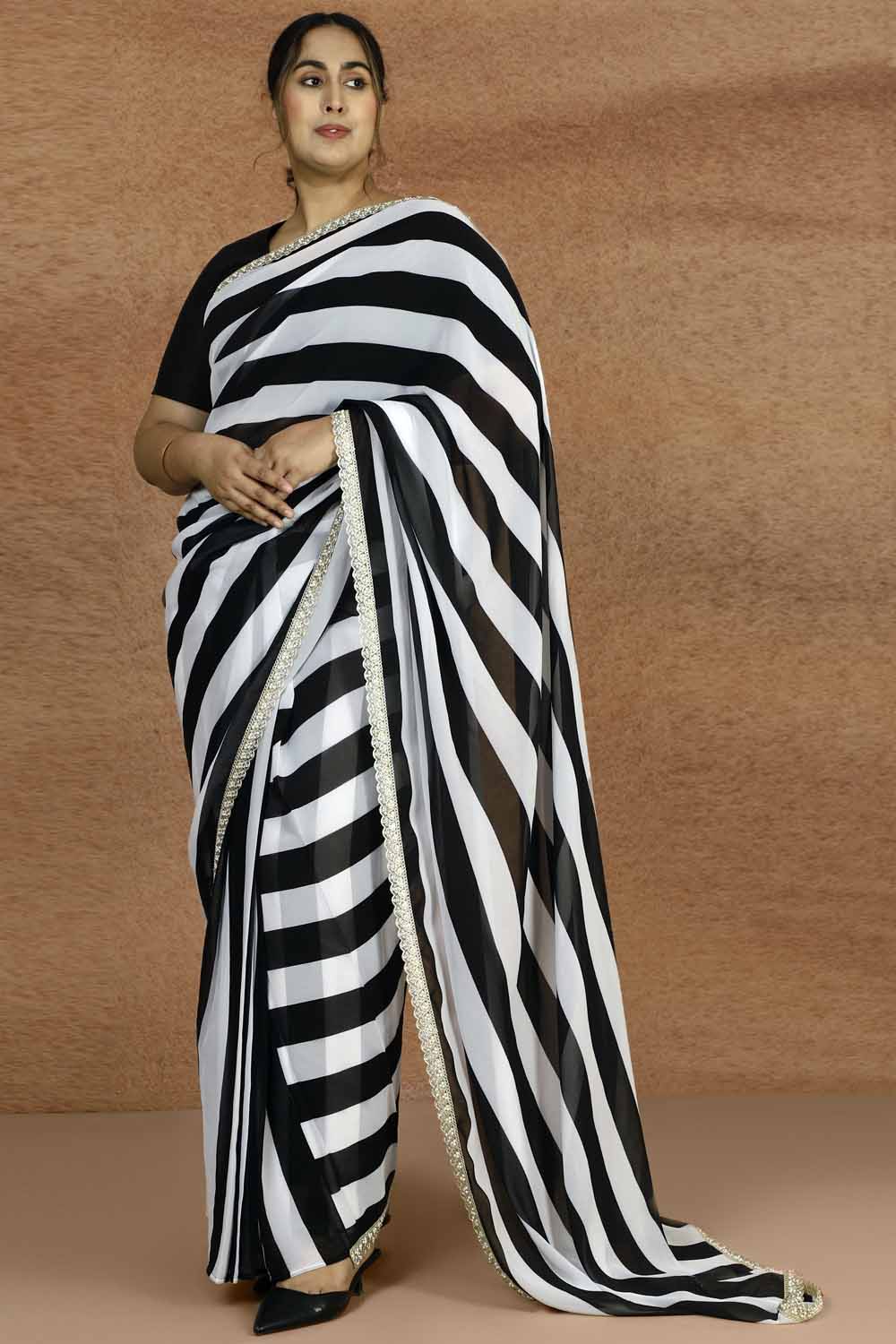 Plus Size Stripe Gota Patti Readymade Georgette Saree