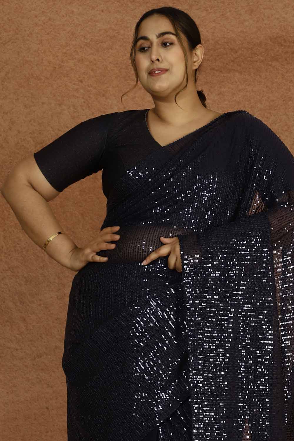 Buy Plus Size Navy Sequence Readymade Party Saree