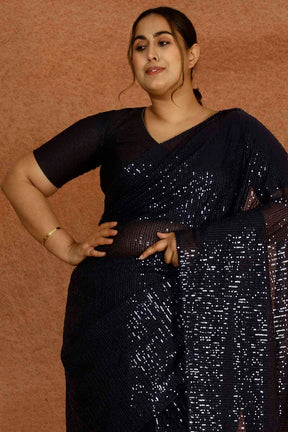 Plus Size Navy Sequence Readymade Party Saree