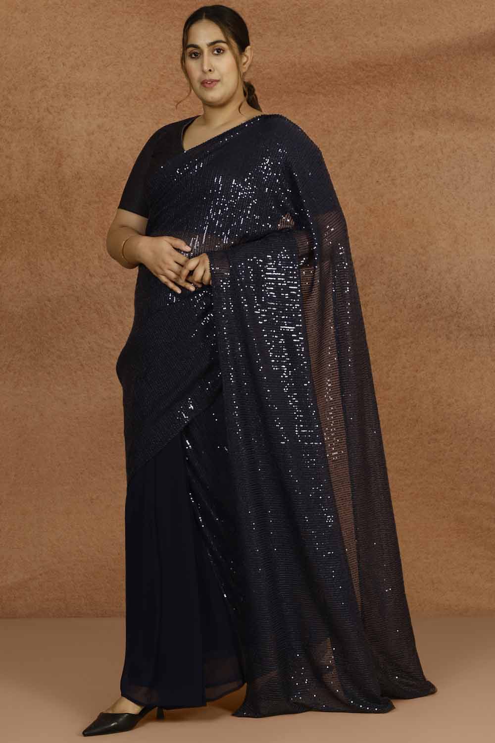 Plus Size Plus Size Navy Sequence Readymade Party Saree