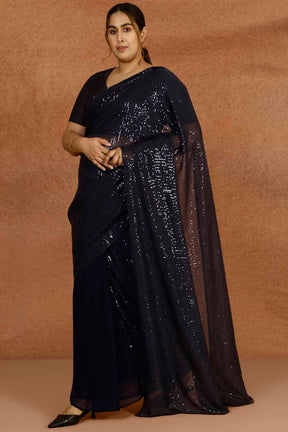 Plus Size Navy Sequence Readymade Party Saree
