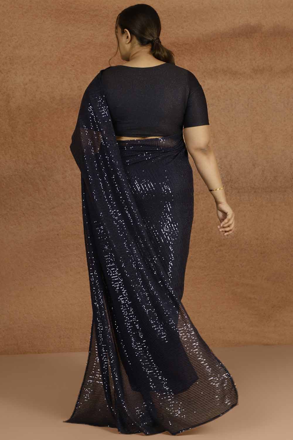 Plus Size Navy Sequence Readymade Party Saree for Women