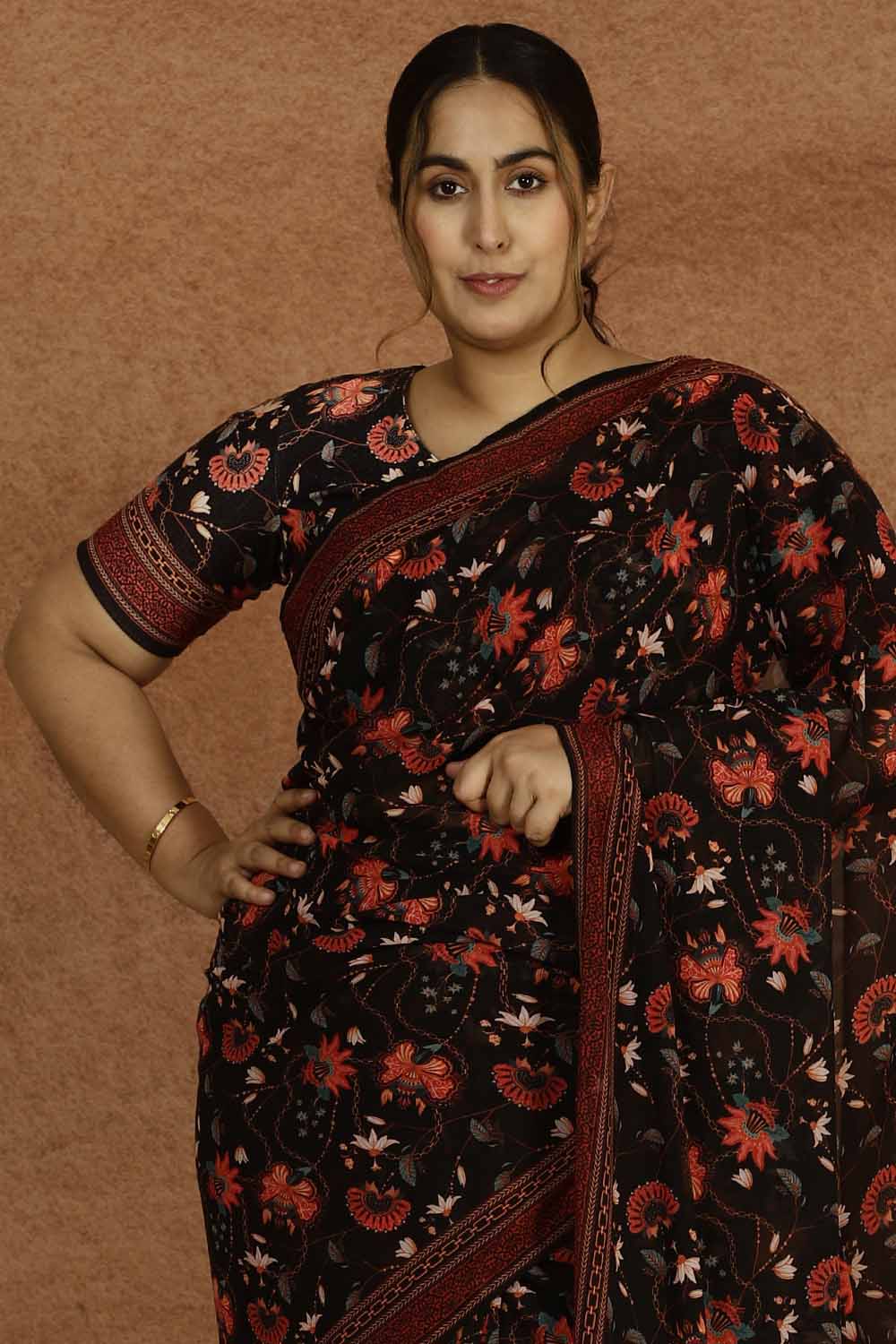 Plus Size Black Luxe Floral Readymade Georgette Saree