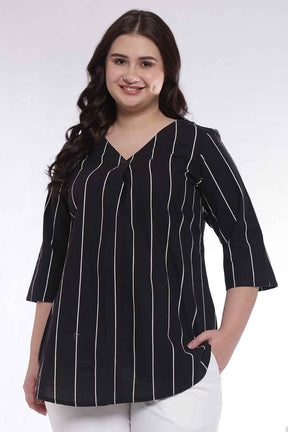 Plus Size Black Vertical Stripe V Neck Cotton Top