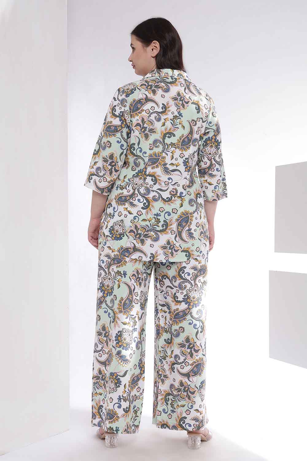 Plus Size Green Paisley Print Shirt Coord Set