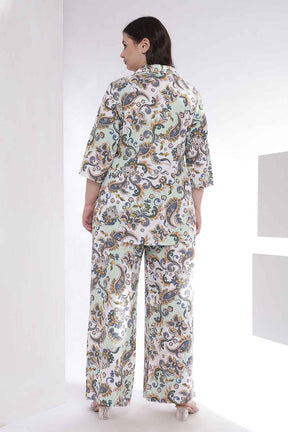 Plus Size Green Paisley Print Shirt Coord Set