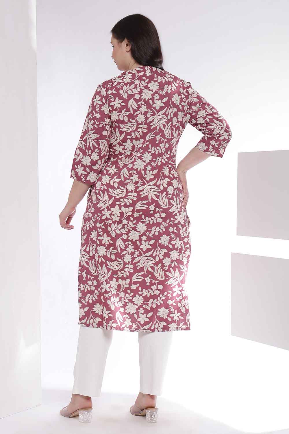 Plus Size Purple Taupe Floral Print Cotton V Neck Kurta