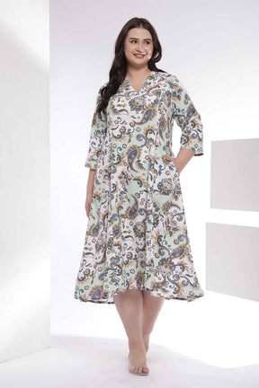 Plus Size Green Paisley Print Cotton Midi Dress