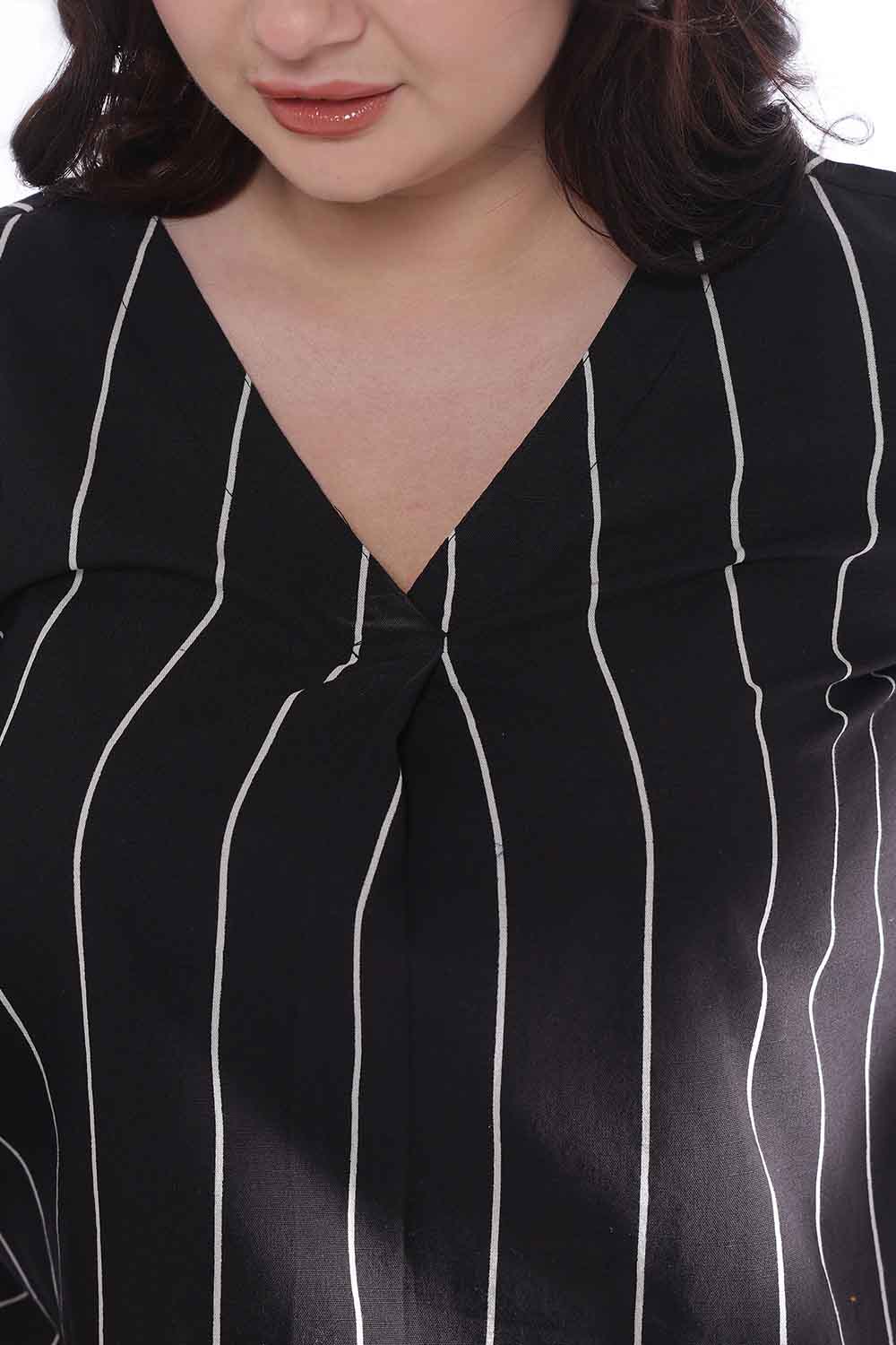 Plus Size Black Vertical Stripe V Neck Cotton Top for Women