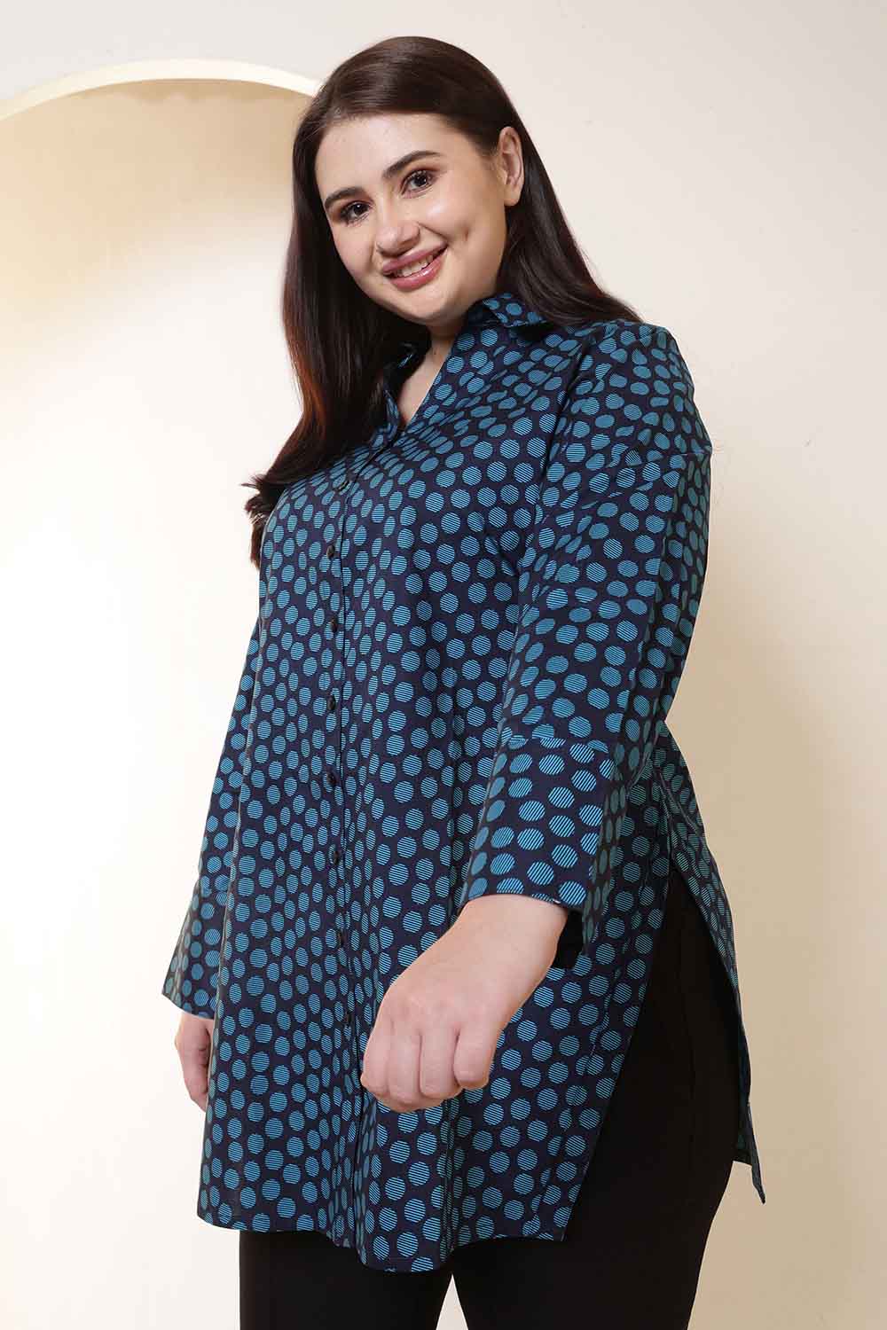 Plus Size Plus Size Navy & Teal Polka Print High Slit Styled Cuff Cotton Shirt