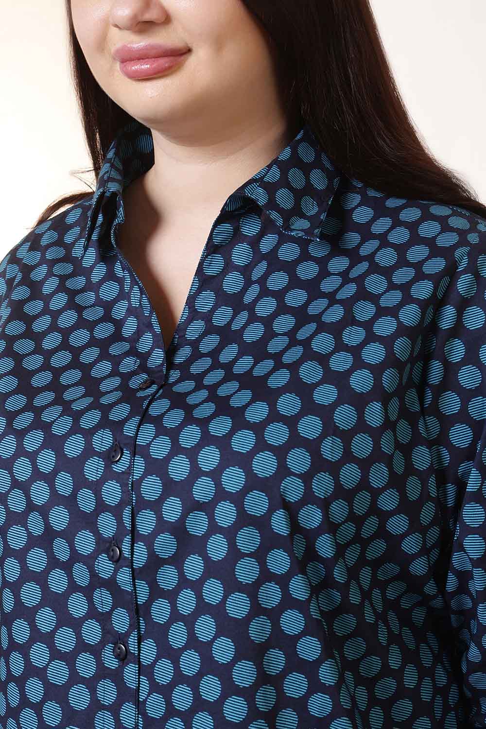 Plus Size Navy & Teal Polka Print High Slit Styled Cuff Cotton Shirt for Women