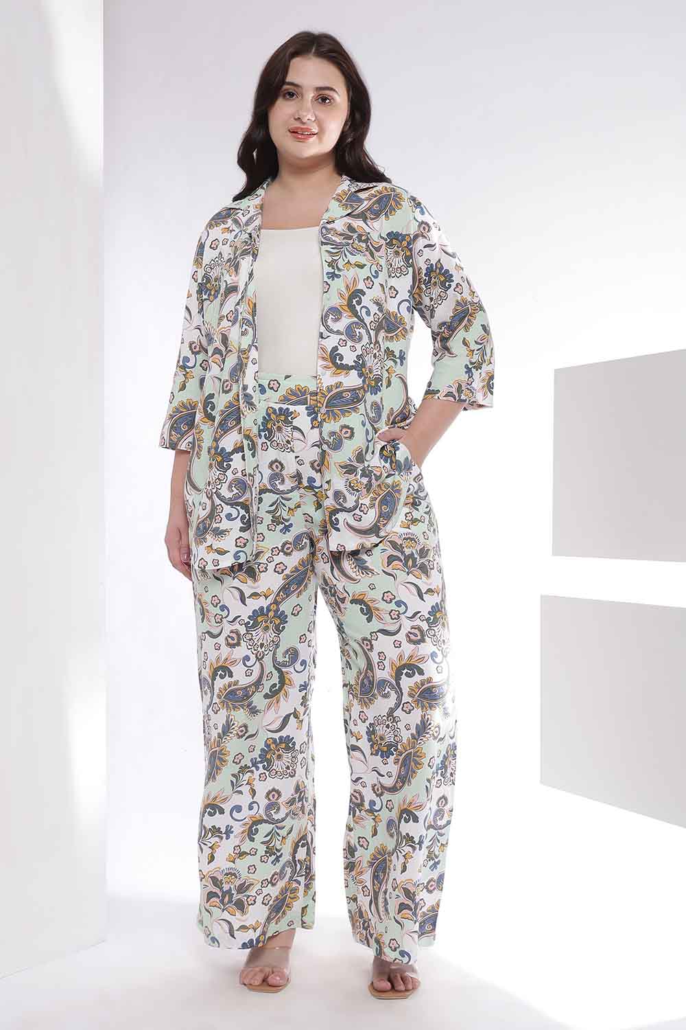 Plus Size Green Paisley Print Shirt Coord Set