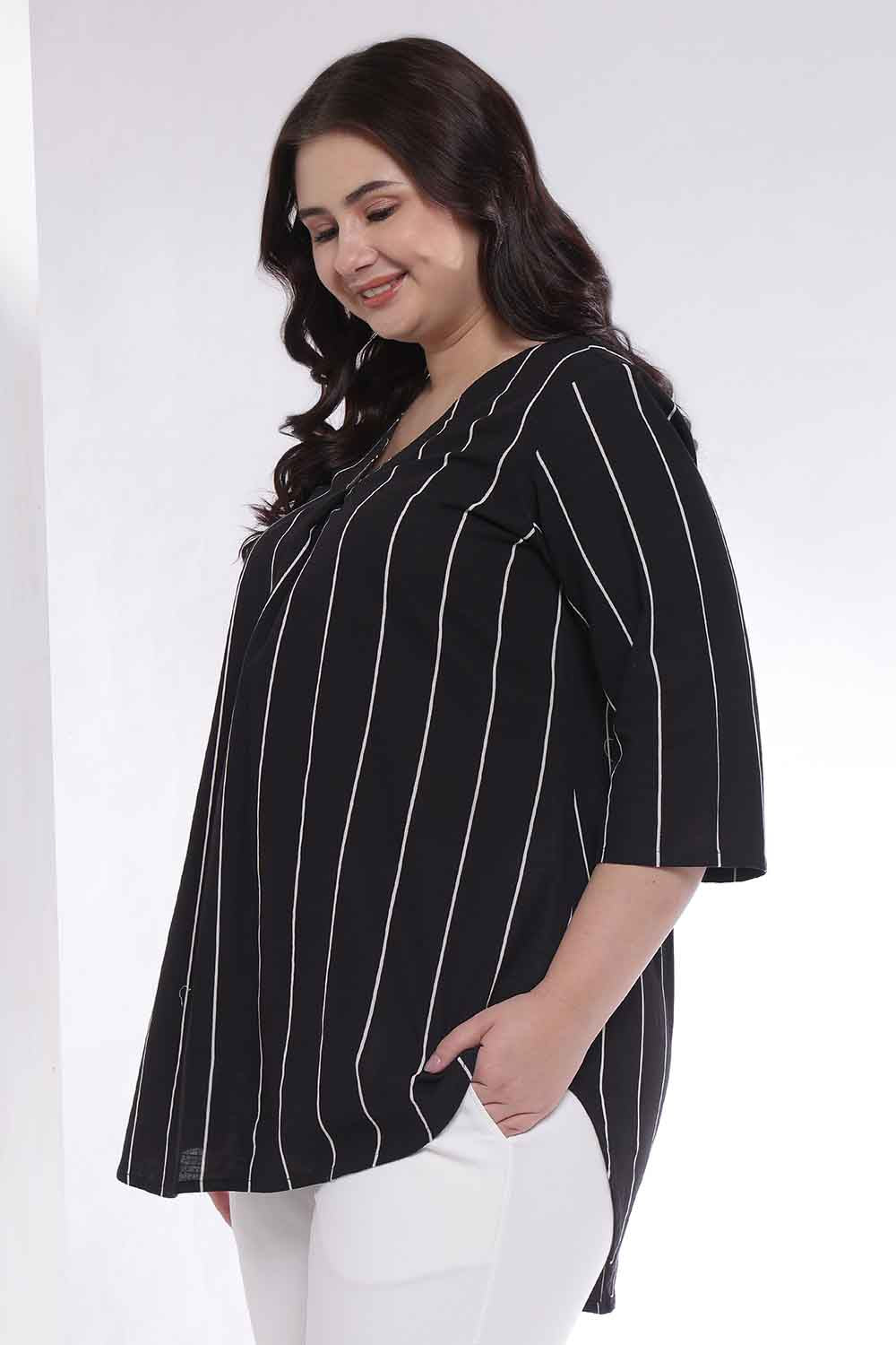 Comfortable Plus Size Black Vertical Stripe V Neck Cotton Top