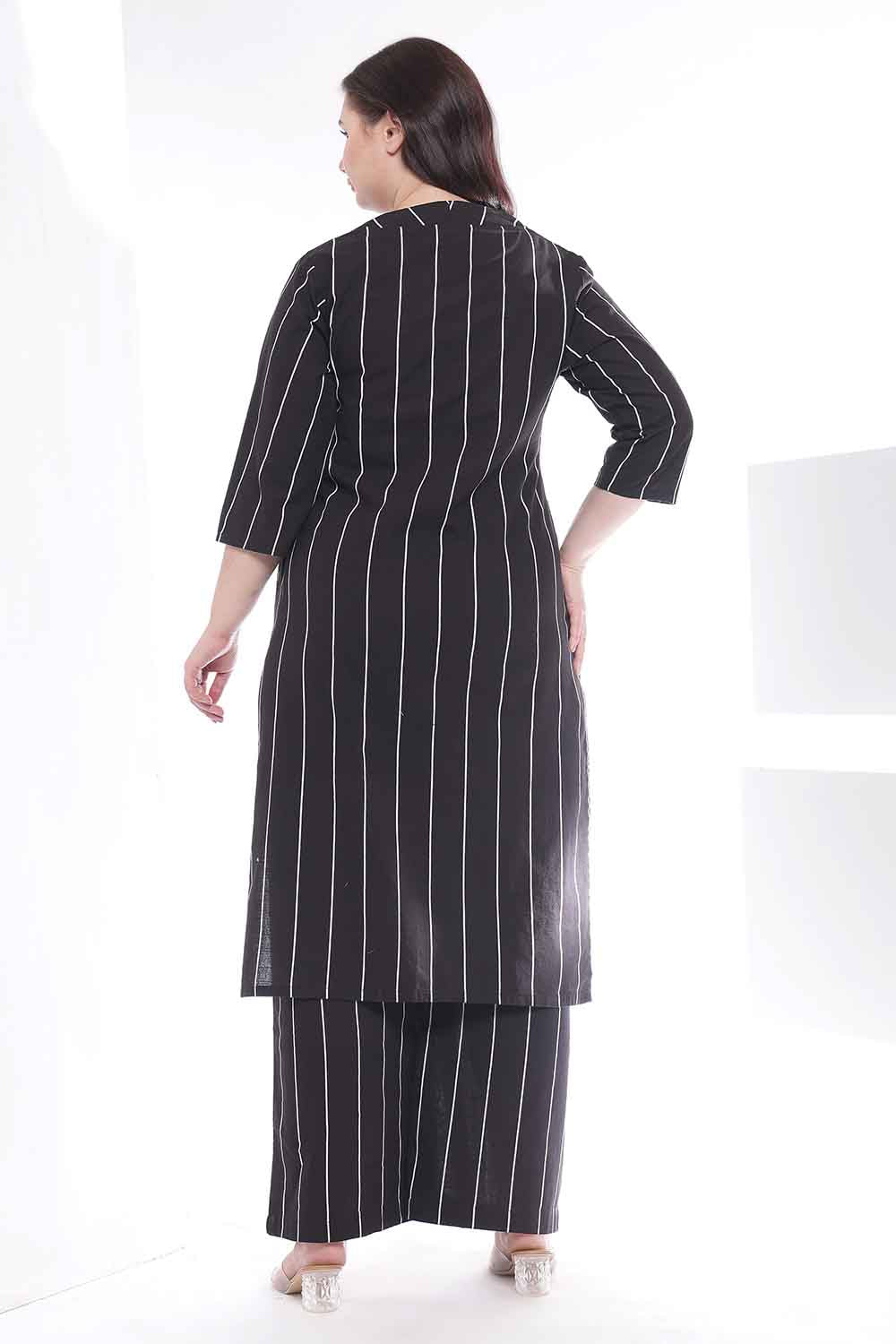 Comfortable Plus Size Black Vertical Stripe Kurta Coord Set