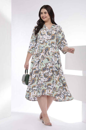 Plus Size Green Paisley Print Cotton Midi Dress
