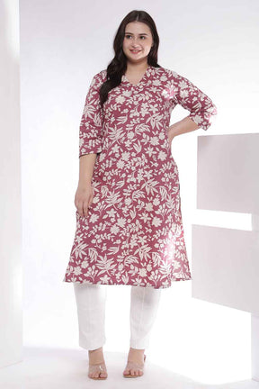 Plus Size Purple Taupe Floral Print Cotton V Neck Kurta