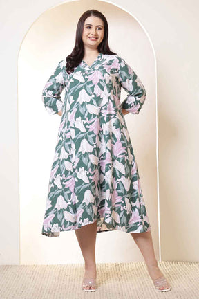 Plus Size Green & Pink Flower Print Rayon Midi Dress