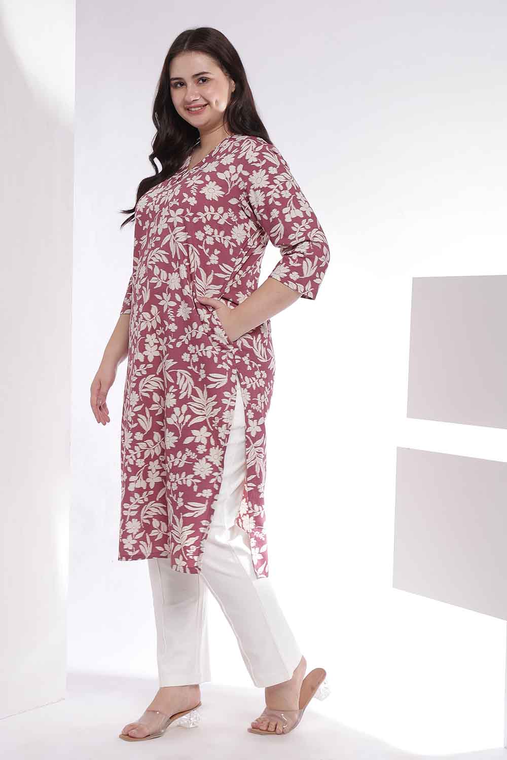 Plus Size Plus Size Purple Taupe Floral Print Cotton V Neck Kurta
