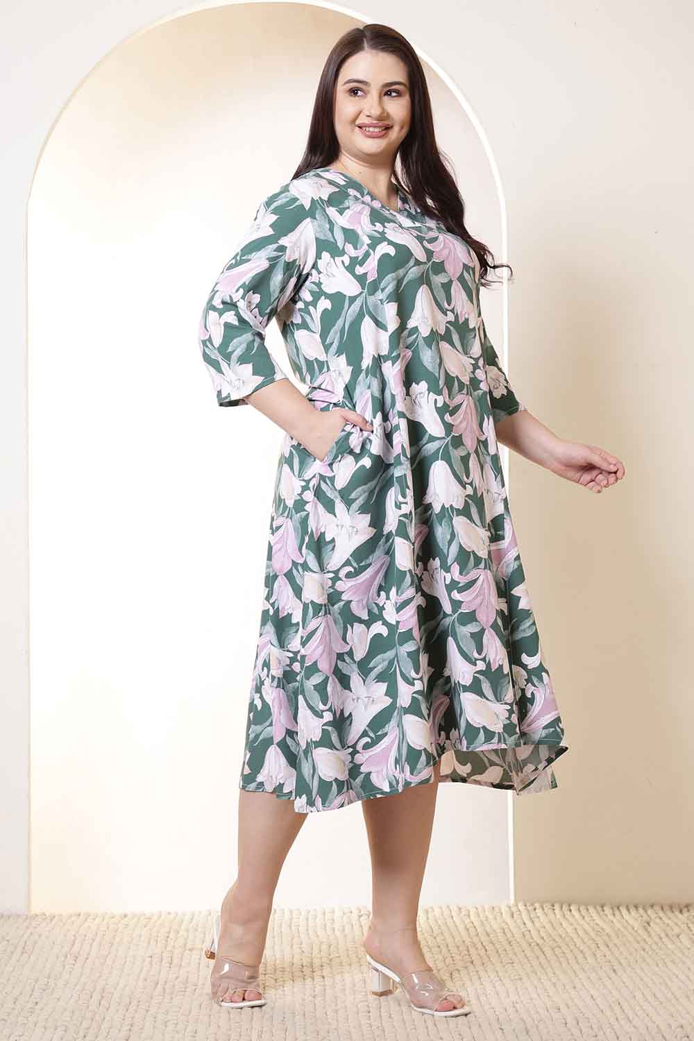 Plus Size Green & Pink Flower Print Rayon Midi Dress for Women