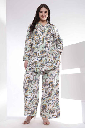 Plus Size Green Paisley Print Shirt Coord Set