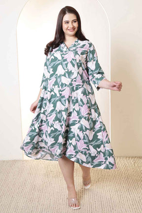 Plus Size Green & Pink Flower Print Rayon Midi Dress