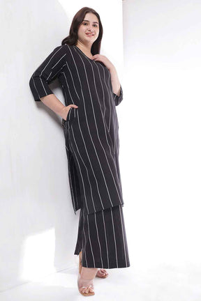 Plus Size Black Vertical Stripe Kurta Coord Set