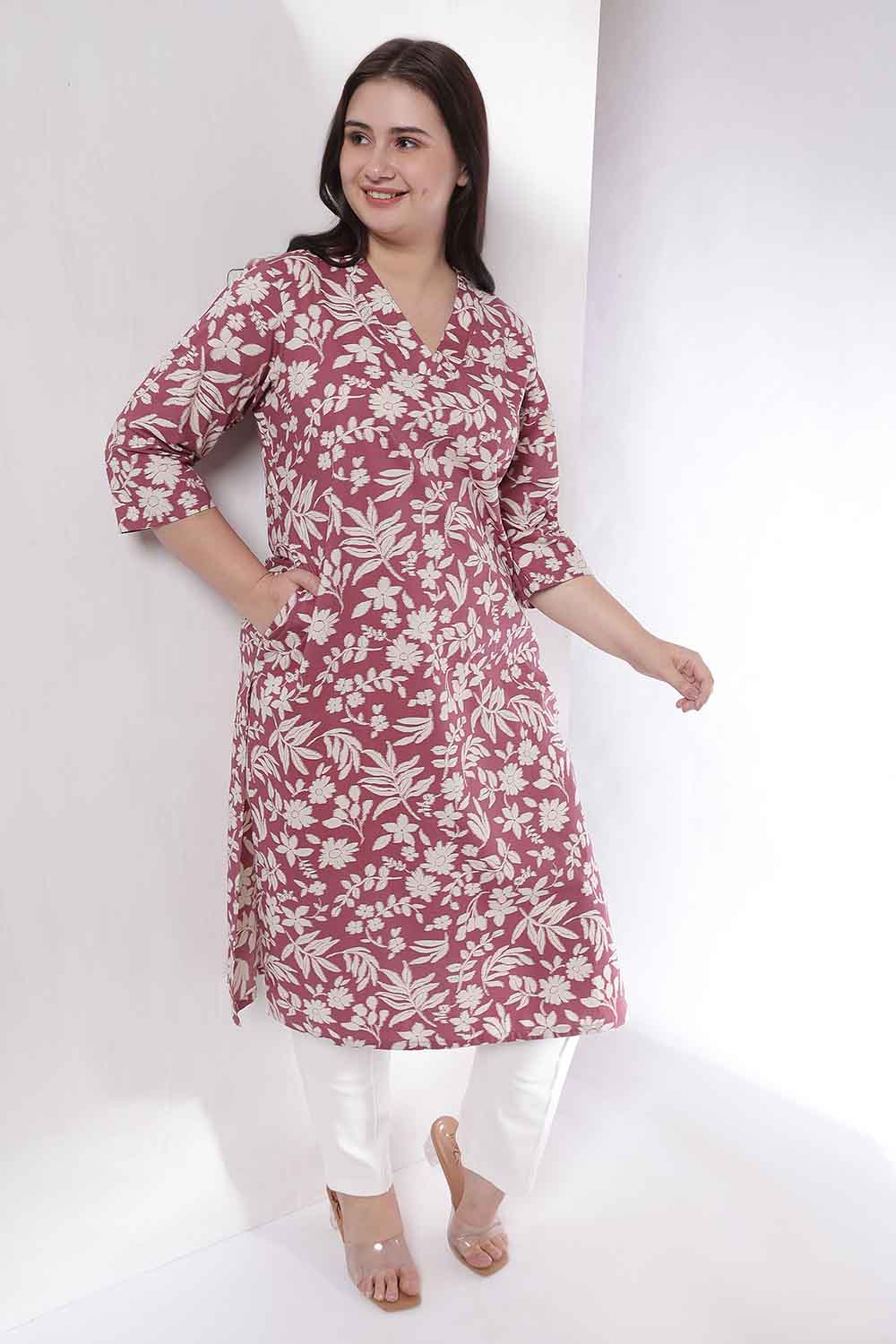 Plus Size Purple Taupe Floral Print Cotton V Neck Kurta for Women