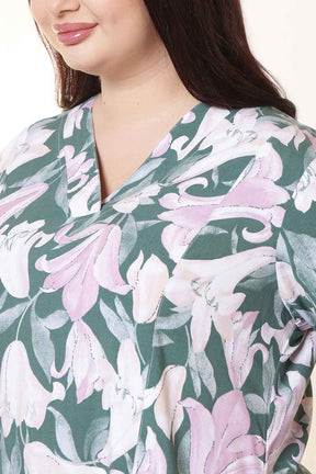 Plus Size Green & Pink Flower Print Rayon Midi Dress