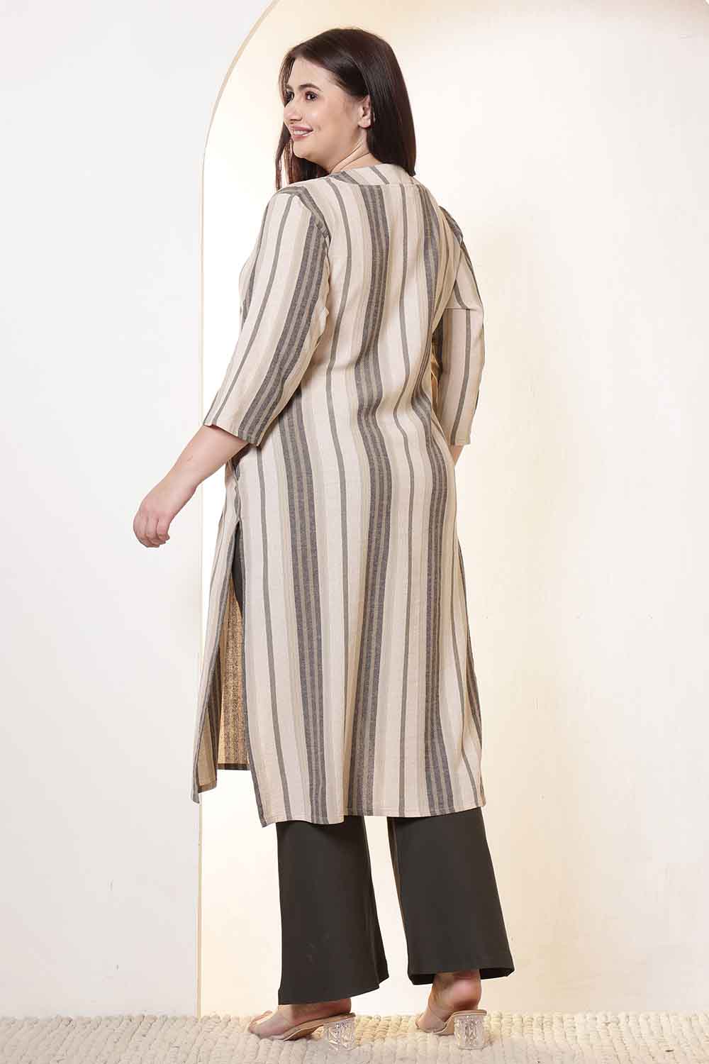 Plus Size Beige & Grey Striped V Neck Cotton Kurta
