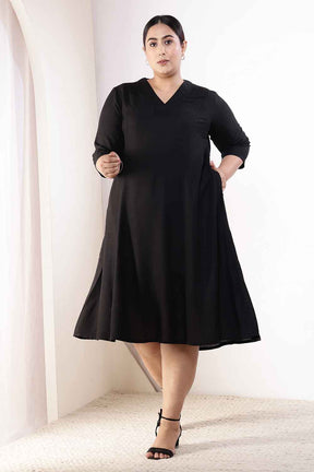 Plus Size Black Cotton Linen Midi Dress