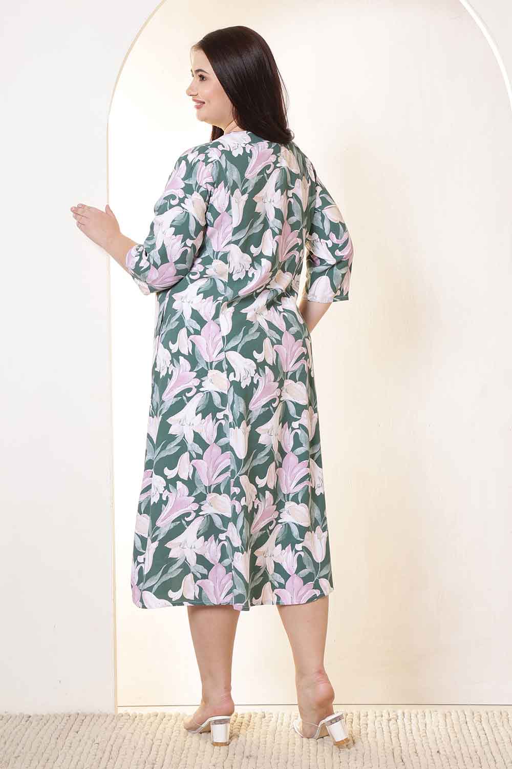 Plus Size Green & Pink Flower Print Rayon Midi Dress