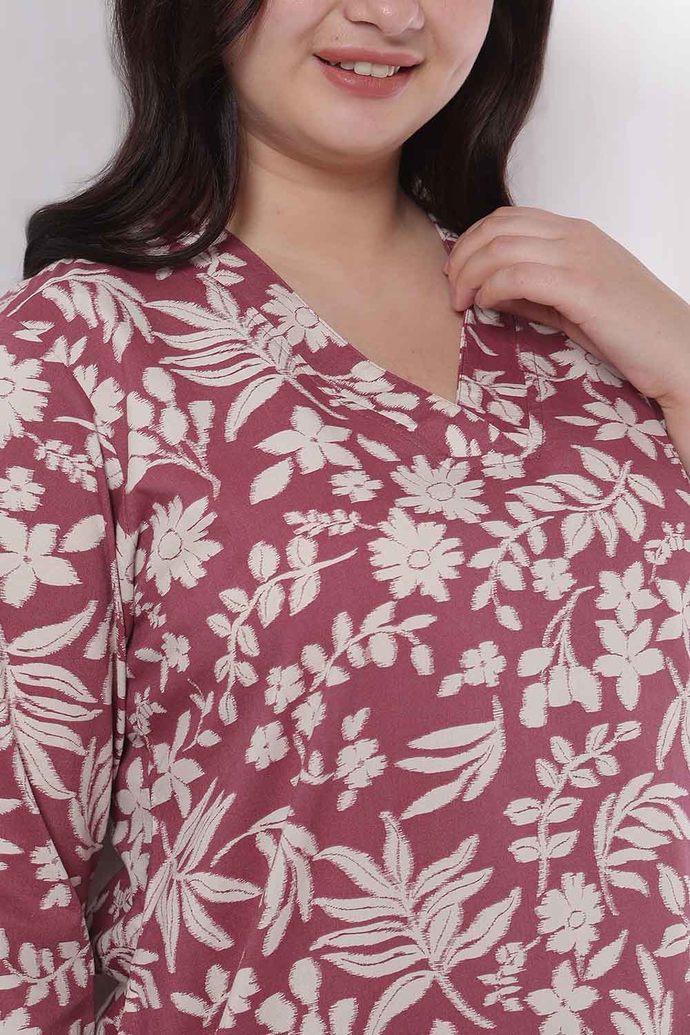 Comfortable Plus Size Purple Taupe Floral Print Cotton V Neck Kurta
