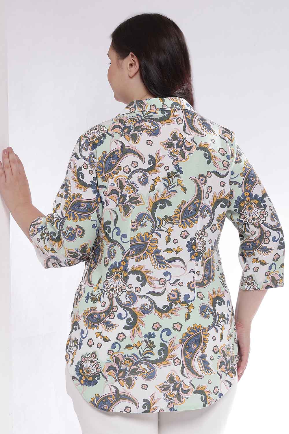 Comfortable Plus Size Green Paisley Print Cuban Collar Cotton Shirt