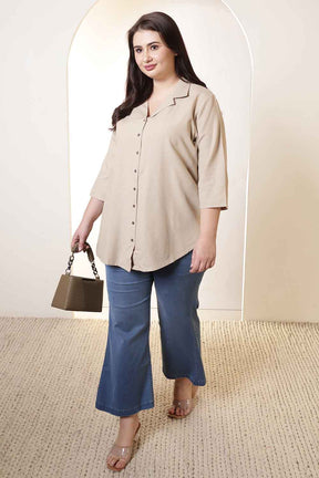 Plus Size Beige Cotton Linen Cuban Collar Shirt