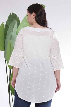 Plus Size White Cotton Schiffli V Neck Top