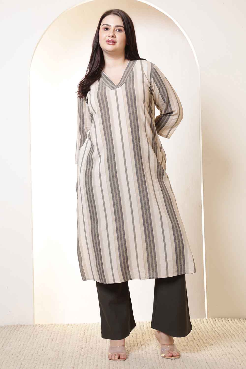 Plus Size Beige & Grey Striped V Neck Cotton Kurta for Women