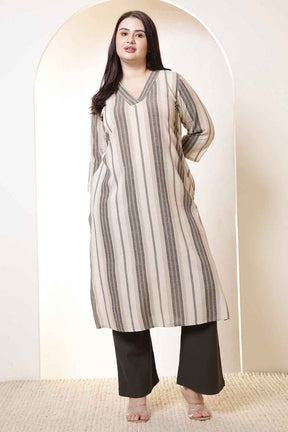 Plus Size Beige & Grey Striped V Neck Cotton Kurta