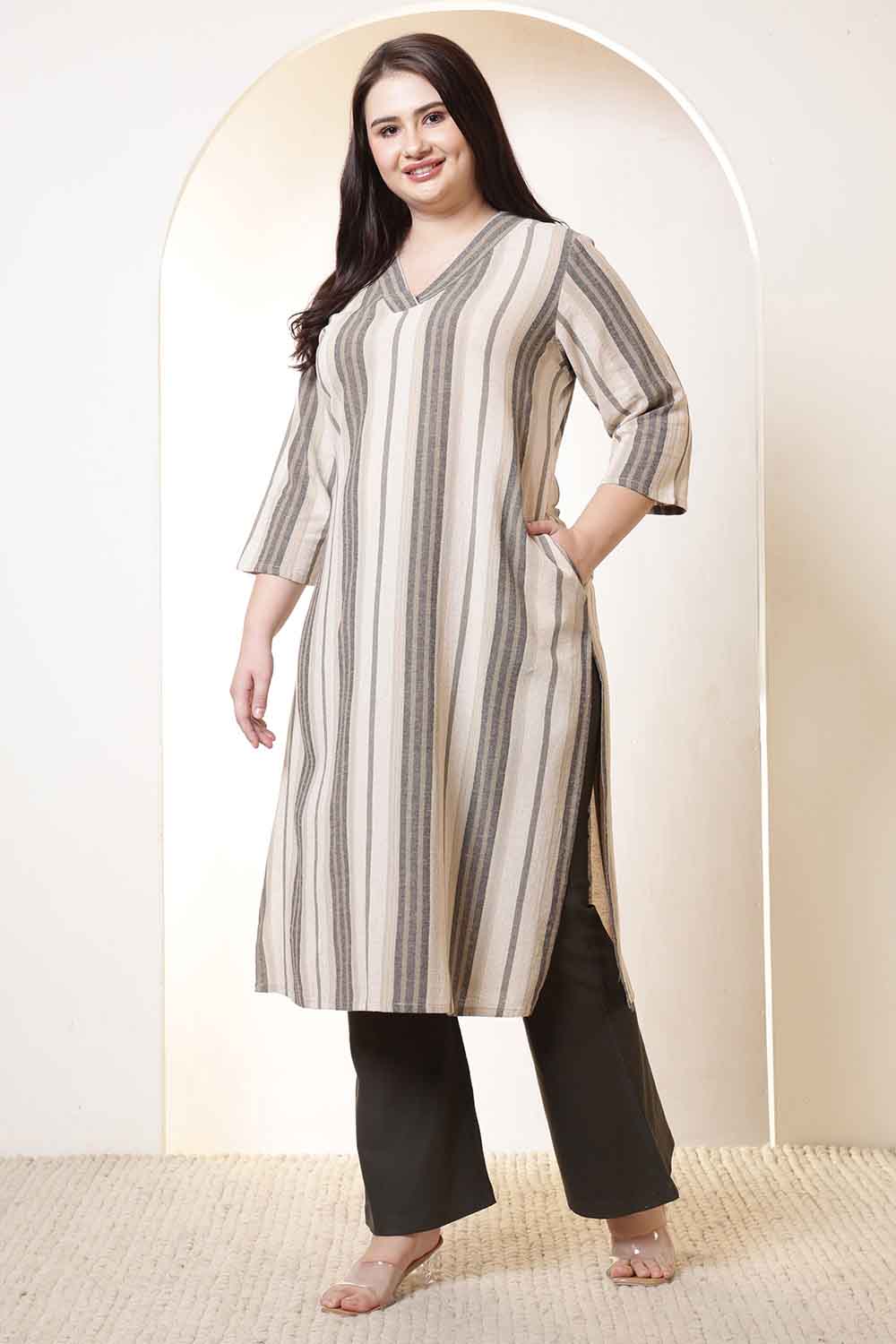 Plus Size Plus Size Beige & Grey Striped V Neck Cotton Kurta