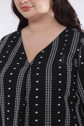 Plus Size Black Weave Work V Neck Top