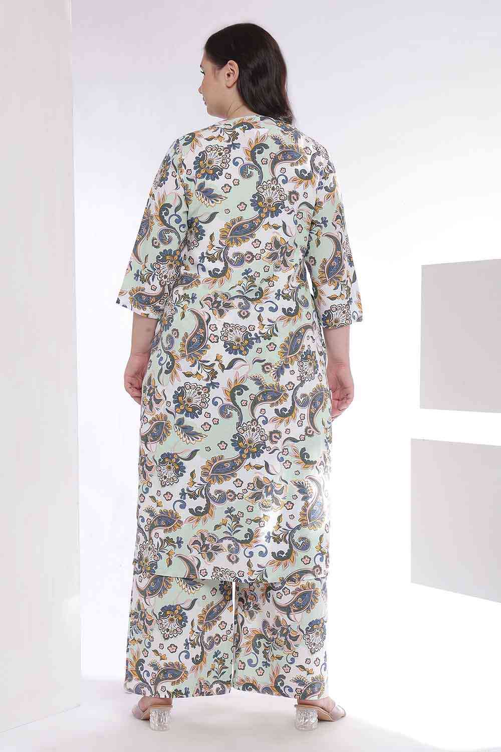 Plus Size Green Paisley Print Kurta Coord Set for Women