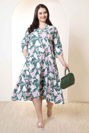 Plus Size Green & Pink Flower Print Rayon Midi Dress