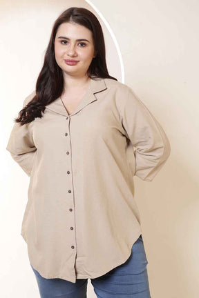 Plus Size Beige Cotton Linen Cuban Collar Shirt