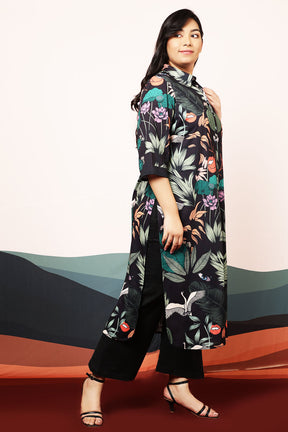 Quirky Wildlife Black Kurta cum Shrug