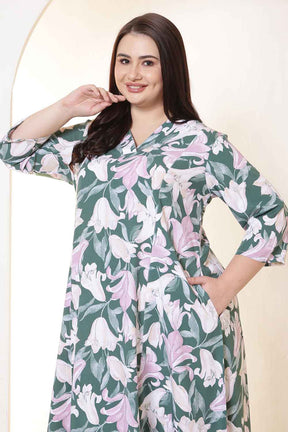 Plus Size Green & Pink Flower Print Rayon Midi Dress