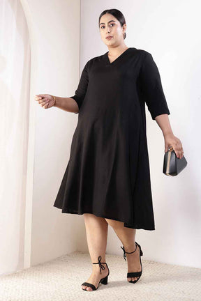 Plus Size Black Cotton Linen Midi Dress