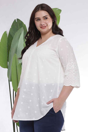 Plus Size White Cotton Schiffli V Neck Top