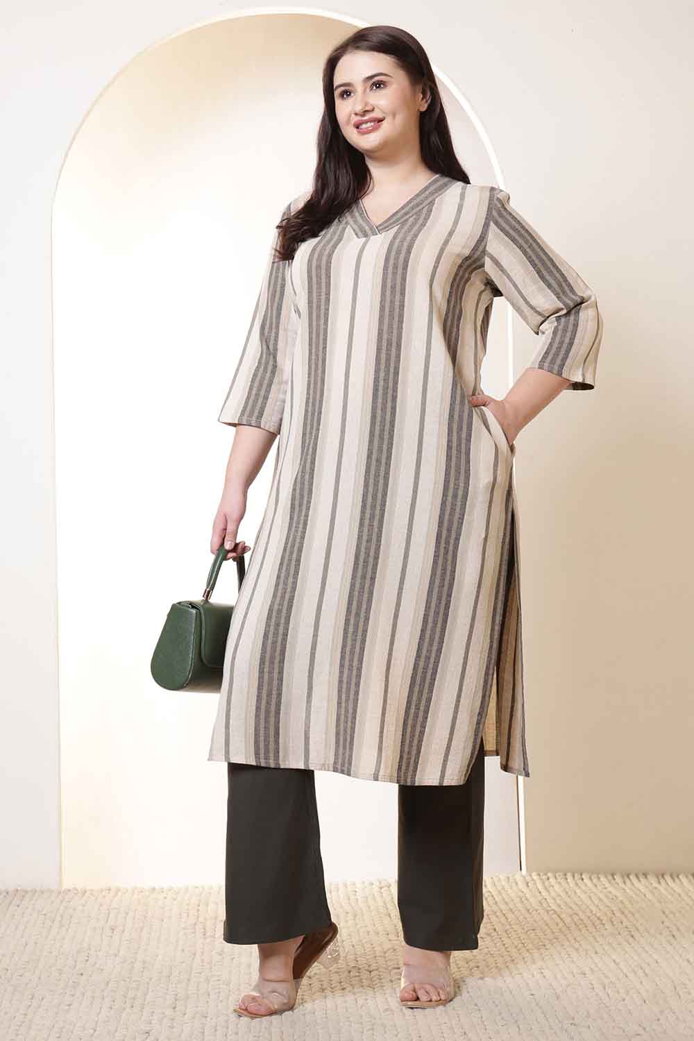Plus Size Beige & Grey Striped V Neck Cotton Kurta